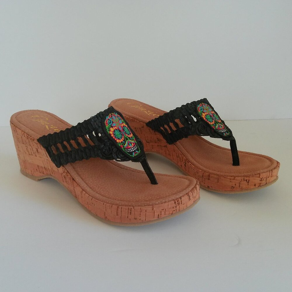 Grazie Wedge Heel Sandal 10 Black Embroidered Sugar Skull Woven Upper Cork Sole - Picture 14 of 14